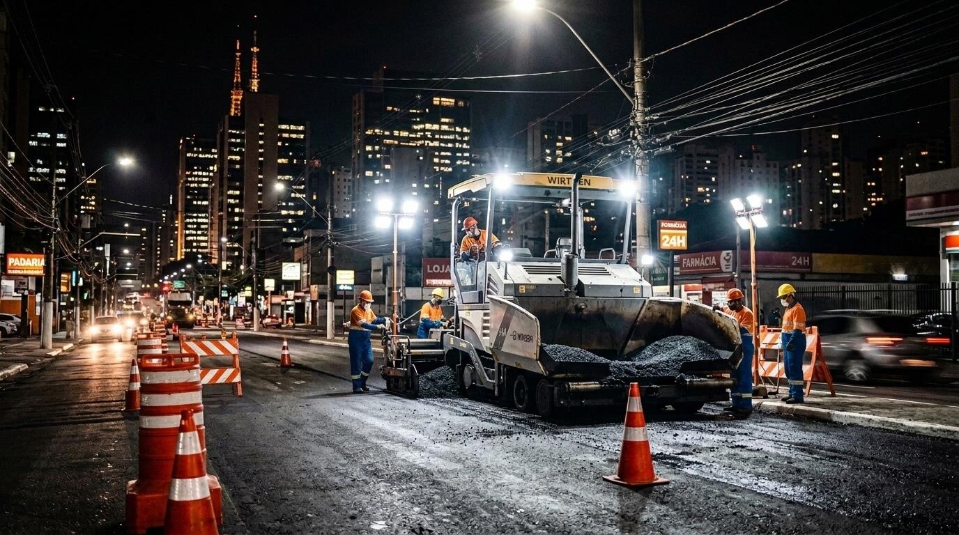 Obra de pavimentação noturna